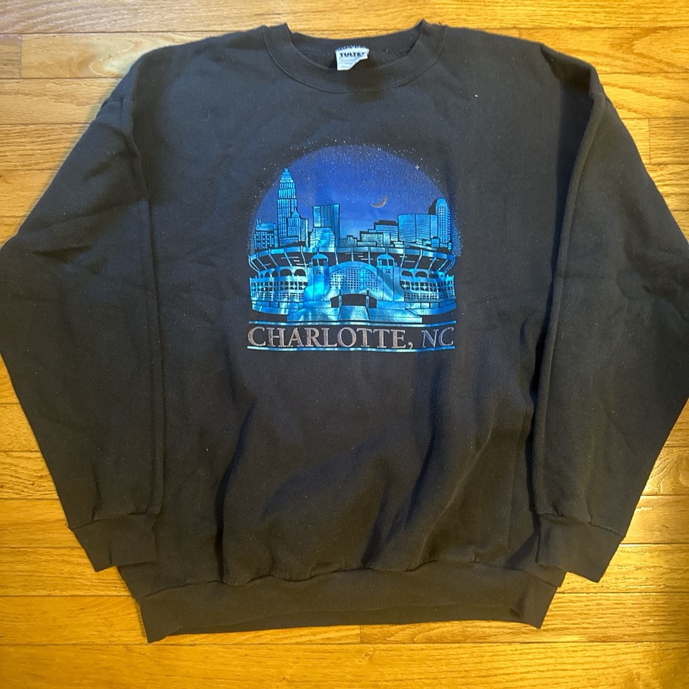 Oversized Black Crewneck Sweater with Blue Graphic (runs a size big)